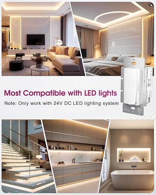 Dimmer Light Switch & 24V 160W Dimmable LED Driver 2 in 1, UL Listed Single-Pole or 3-Way Slide Dimmer Switches for Led Strip Lights,120VAC to 24VDC Power Supply for Low Voltage Project, Glossy White