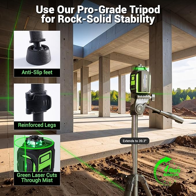 Laser Level 360 Self Leveling Green Laser with 1M Tripod & Clamp Mount Included – Complete Laser Leveler Kit for Construction & DIY – Angulear