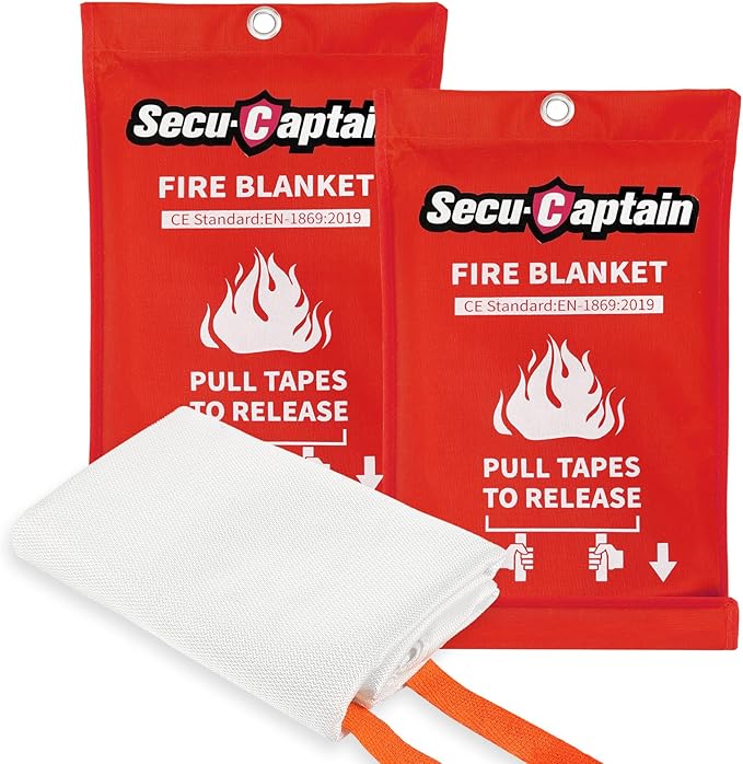 SecuCaptain Emergency Fire Blanket for Home and Kitchen - 2 Pack 40"x40" Flame Suppression Fiberglass Fire Blankets for House Camping Car Office Warehouse Emergency Survival Safety