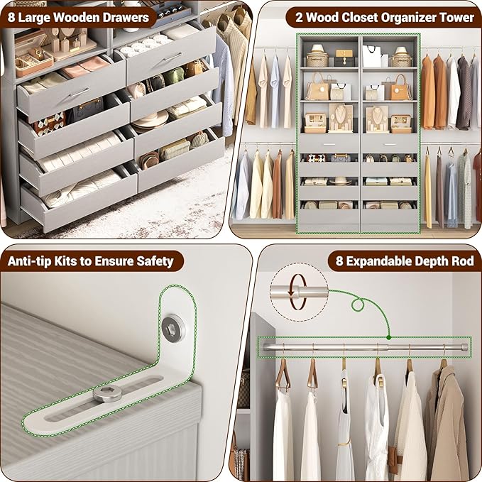 Aheaplus Closet System Set of 2, 4-9Ft Wood Closet Organizer with Drawers & Shelves, Closet Organizer System with 8 Hanging Rods, Walk-in Closets Organizer Wardrobe Closet Rack, Grey1