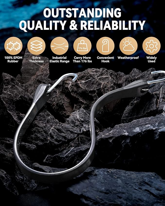 Rubber Bungee Cords Heavy Duty Outdoor with 1.8X Max Stretch & Over 176 lbs Load, 100% EPDM Black Bungee Straps with Crimped S Hooks for Cargo, Tarps, Van, Truck, Motorcycle, Weatherproof (10 Pack)