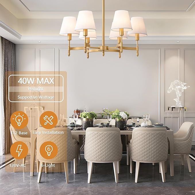 27'' Gold Chandelier Chandelier for Dining Room with White Fabric Shades, 6-Light Modern Farmhouse Chandelier Adjustable Brass Pendant Light Fixture for Living Room Kitchen Entryway Foyer