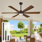 60 Inch Indoor Outdoor Ceiling Fan with Light and Remote - 6 Solid Wood Blades, High CFM Quiet Reversible Energy Efficient DC Motor, 6/12/24 Inch Down-rod, Damp-rated for Patios Porch Gazebo Garage