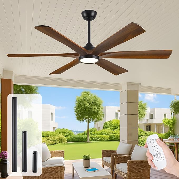 60 Inch Indoor Outdoor Ceiling Fan with Light and Remote - 6 Solid Wood Blades, High CFM Quiet Reversible Energy Efficient DC Motor, 6/12/24 Inch Down-rod, Damp-rated for Patios Porch Gazebo Garage