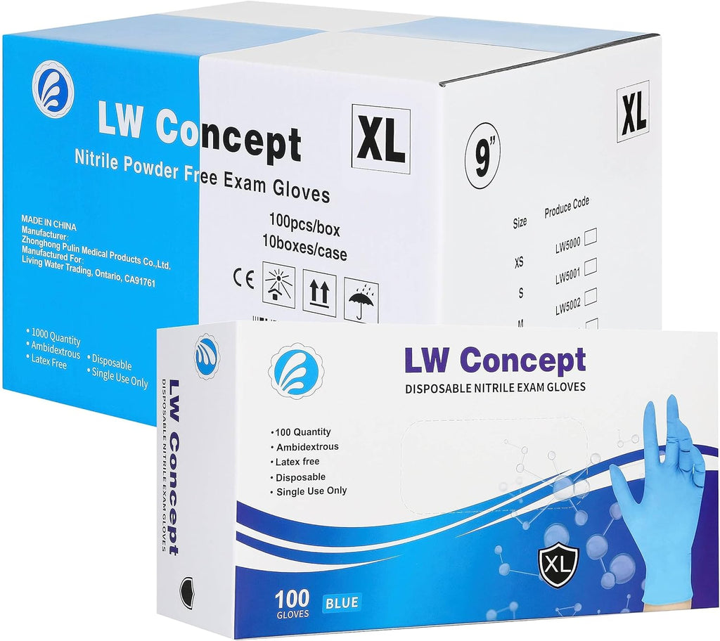 LW Concept Blue Nitrile Gloves, Disposable Non-Sterile Latex-Free Powder-Free Glove