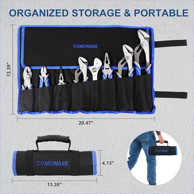COMOWARE Large Pliers & Wrench Set 8Pcs with Pouch(12", 10", 8" Groove Joint Pliers, 8" Adjustable Wrench, 8" Linesman, 6" Long Needle Nose, 6" Slip Joint, 6" Diagonal) for Home & DIY