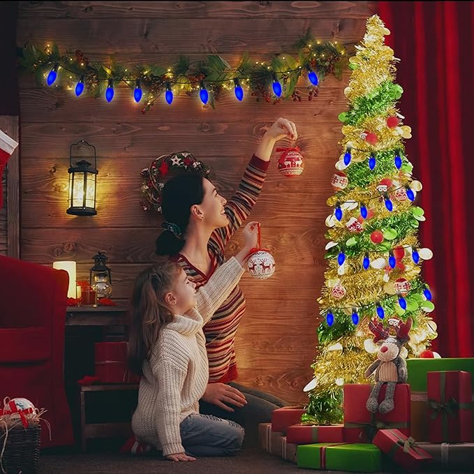 GOOTHY 25 Pack C9 Blue Christmas Replacement Light Bulbs, 7W C9 Incandescent Bulbs for Outdoor String Lights Hanukkah Chandelier Candles Decor, E17/C9 Intermediate Base, Night Light Bulbs- Blue