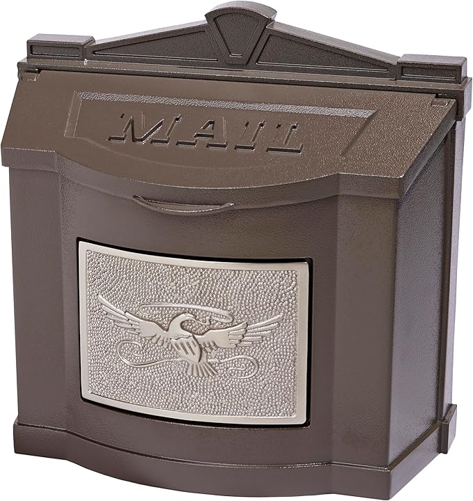 Gaines Wallmount Mailbox - Powder Coated Aluminum with Solid Brass Accents - Mounting Hardware Included (Bronze with Satin Nickel Eagle)