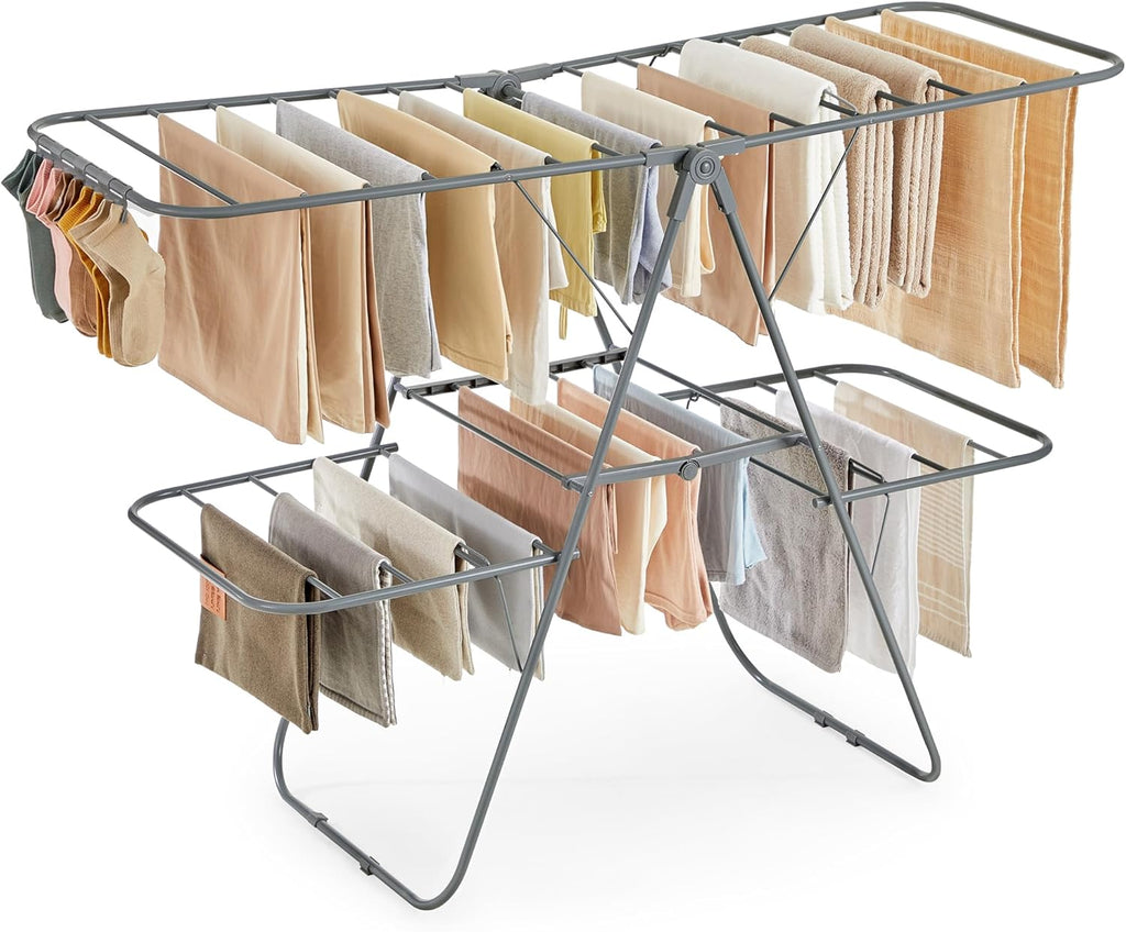 SONGMICS Clothes Drying Rack, Foldable 2-Level Laundry Drying Rack, Free-Standing Laundry Airer, with Height-Adjustable Wings, 33 Drying Rails, Sock Clips, Gray ULLR053G02V1