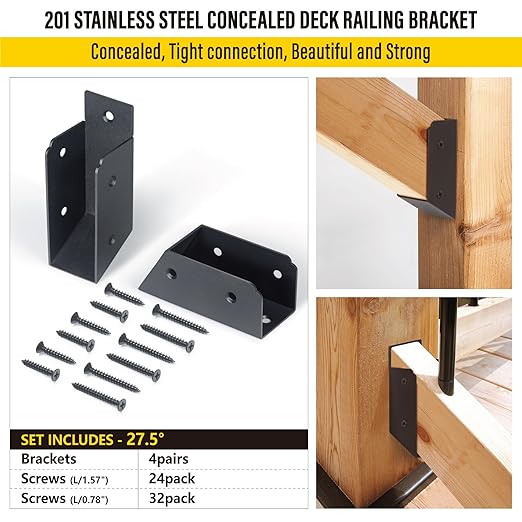 201 Stainless Steel 2" x 4" (1 ½" x 3 ½" Actual) Deck Railing 27.5° Stair Connectors, for Deck Railing Stair Handrail Connection Installation Deck Railing Bracket (4 Pair-Black)