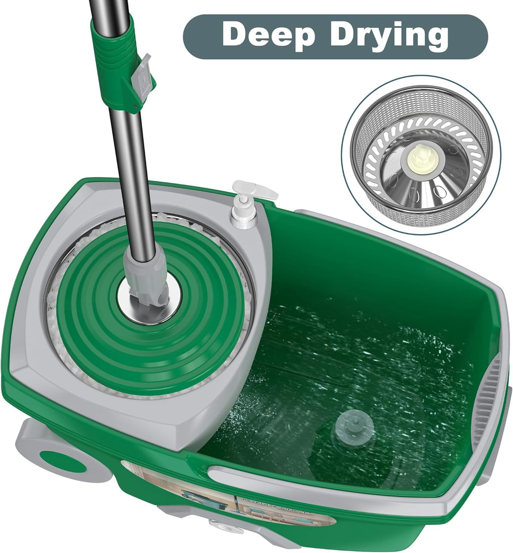 Dual Compartment Spin Mop and Bucket, Mop and Bucket with Wringer Set,360°Rotating Spinning Mopping for Floor Cleaning with 6 Microfiber Replacement Heads, 61" Extended Handle, 2X Wheel - Deep Green