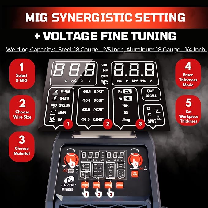 LOTOS MIG225 225A MIG Welder, 6 in 1 Gas MIG, Gasless Flux Core MIG, Stick, Lift TIG, Spot, Spool Aluminum Multi Process Welding Machine, Auto MIG Synergistic Setting & Voltage Fine Tuning, 120/240V
