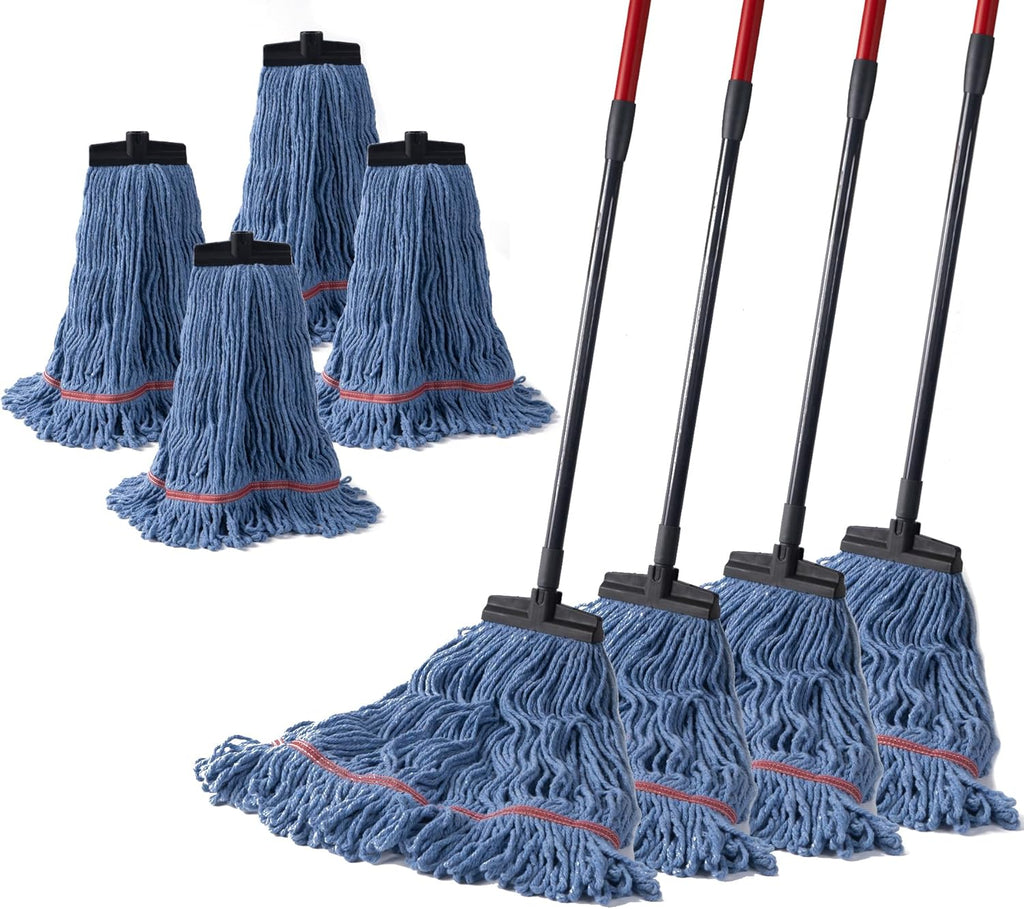 Matthew Commercial&Residential Mop Heavy Duty Industrial Mops with Screw-on Handle(Fit Standard American Screw) Looped-End String Wet Cotton Mops for Home,Office,School - 4 Set&4 Mop Replacements
