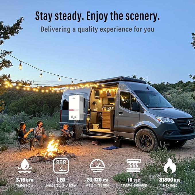 Tankless Water Heater 12L, Portable Propane Camping Water Heater 3.16GPM with Handle Overheating Multi-Protection, Instant Gas Hot Water Warmer for Outdoors RV Trips Shower Boat Cabins,White