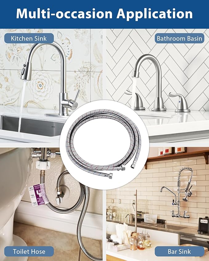 72'' Length Faucet Supply Line, Stainless Steel Braided cUPC Sink Hose with G1/2" FIP x 3/8" Compression Supply Hose for Sink Faucet Bathroom Kitchen Faucet Connector Water Supply Line 2 PCS