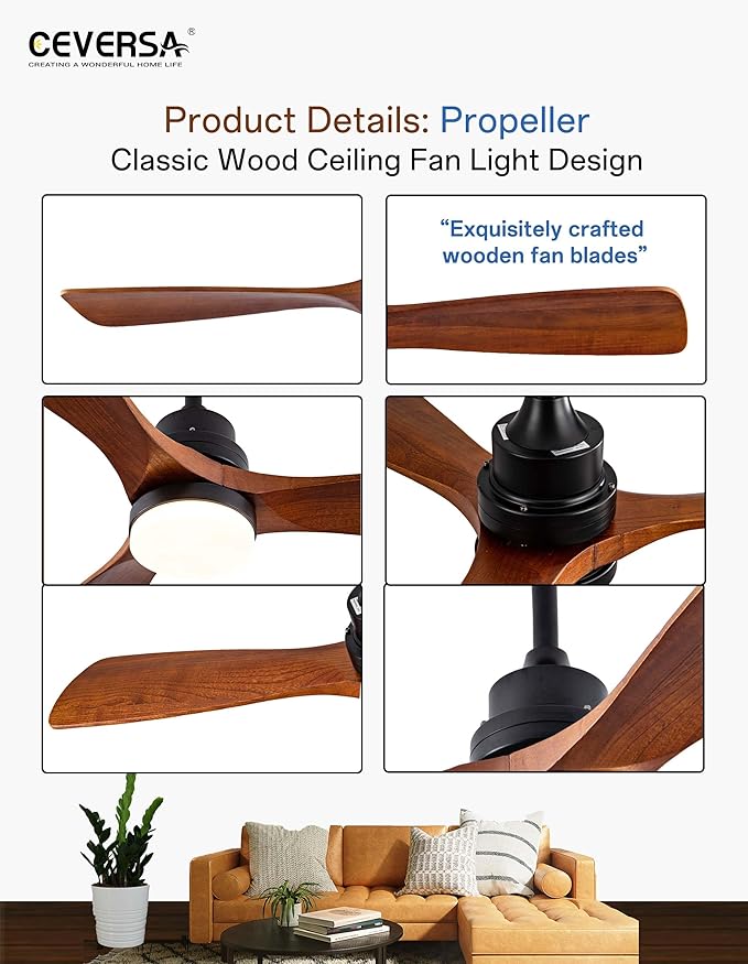 52 Inch Ceiling fans with Lights and Remote,Wood Outdoor Ceiling Fan for Patios with Dimmable LED Light,3 Blades Walnut,Noiseless Reversible DC Motor,Modern Fan for Indoor,Farmhouse