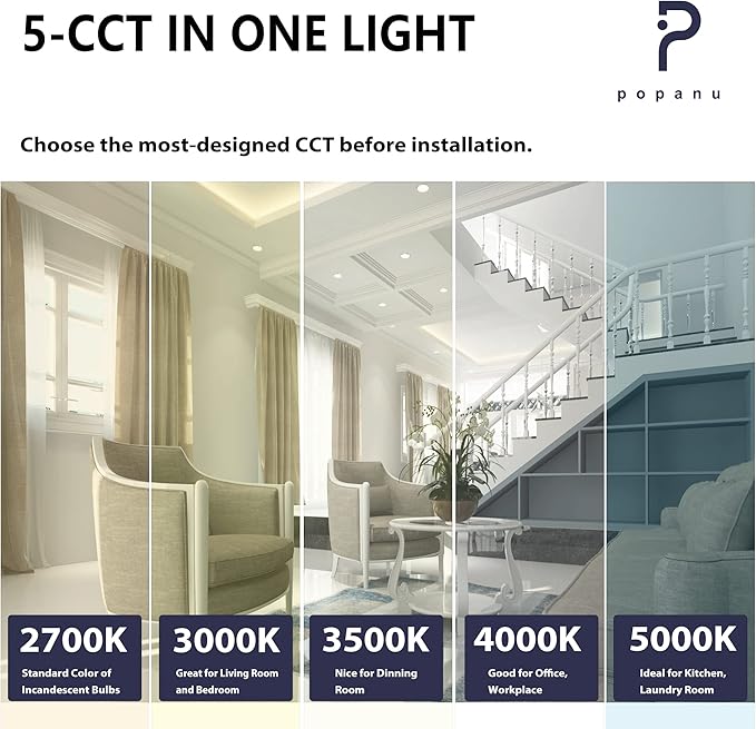 4-inch LED Canless Recessed Slim-Downlight 5 CCT Adjustable Dimmable Recessed Lights Fixture with Junction Box, Ceilling Light with Junction Box, 2700-5000K, 9W, Black Square Finish, 6 Pack