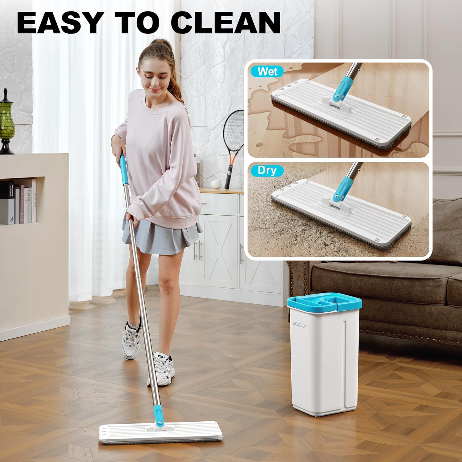 Mop and Bucket Set with Wringer, Dry & Wet Wall Mop Cleaner with Long Handle, Flat Squeeze Spin Dust Mop for Household Floor Cleaning with 4 Microfiber Mops, Turquoise-Cyan