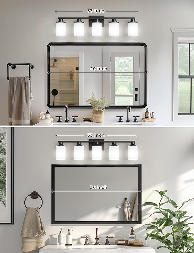 DORESshop 5-Light Black Bathroom Light Fixture Over Mirror with Milk Glass Shade, Modern Vanity Lights for Hallway Living Room Bedroom, ETL Listed