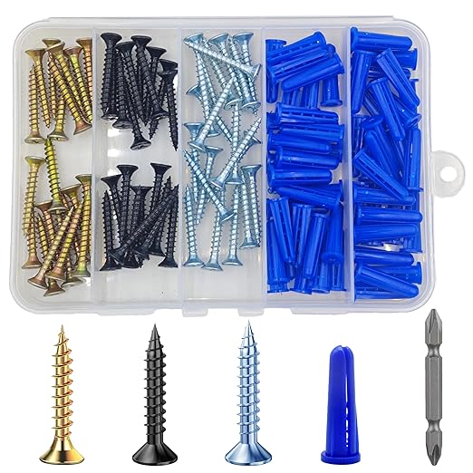(120 PCS) Drywall Anchors Screws 8 Blue Wall Anchor Set 1/4. Three-Color Screws Make it Easy to Install Various Color Products