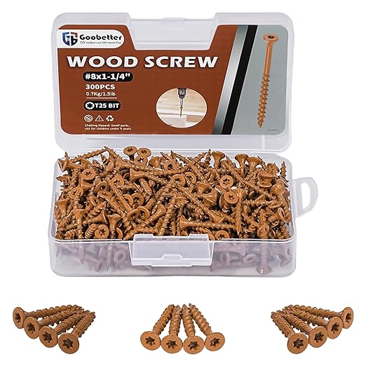 #8x1-1/4 Wood Screws, Deck Screws 300 Pcs, Rust Resistant, Torx Exterior Screws for Construction Fence, Includes 2 Pcs T25 Star Bits, Brown
