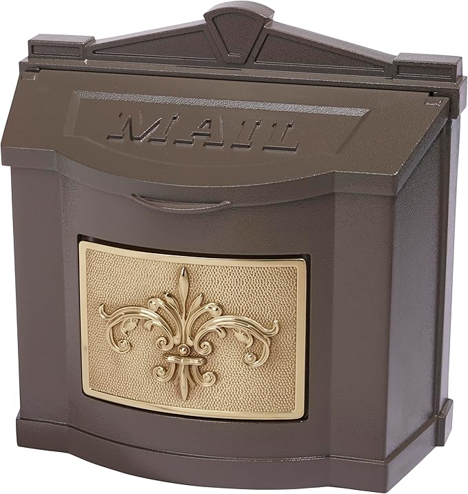 Gaines Wallmount Mailbox - Powder Coated Aluminum with Solid Brass Accents - Mounting Hardware Included (Bronze with Polished Brass Fleur De Lis)