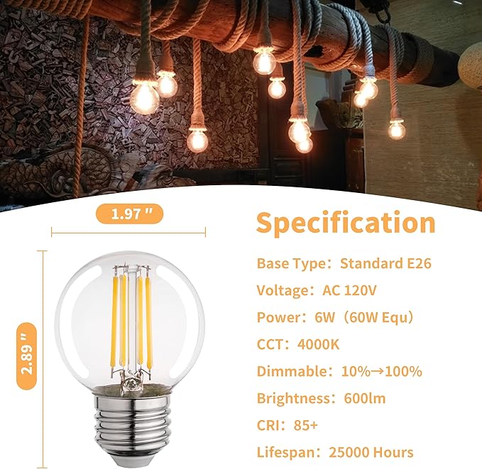 G16.5 Led Bulb, Small Round Edison Light Bulbs, E26 Dimmable Globe Clear Vanity Light Bulbs, 6w 4000k Vintage LED Filament Edison Bulb