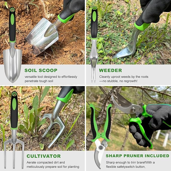 7-Piece Gardening Tools Set for Women, Heavy Duty Gardening Hand Tools, Outdoor Gardening Hand Tools with Non-Slip Green Rubber Handle. Indoor mini Gardening Potting Set (7) (Off-White)