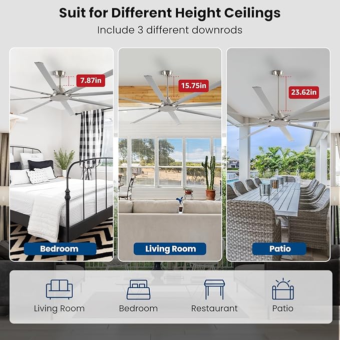 100 Inch Ceiling Fans with Remote No Light for Living Room Bedroom Kitchen Home Office Library Cafe Outdoor/Industrial Use, 8 Aluminum Blades 6 Speed Reversible Quiet DC Motor, Sand-nickel
