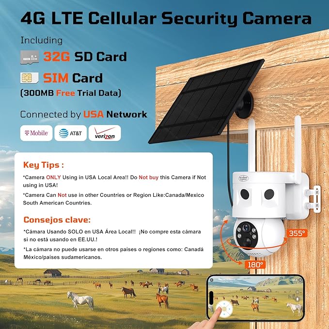 4G LTE Cellular Security Camera 180°Automatic Intrusion Detection and 360°Panoramic View Home and Outdoor Security Camera with Solar Panel, 2K Video Illumination at Night
