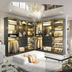 Unikito 75” Closet System with Drawers, 6.2FT Wood Closet Organizer with Hanging Rods and Mirror, Reversible Large Walk in Closets Wardrobe Garment Rack with Shoe Shelves, Max Load 2000 LBS, Black