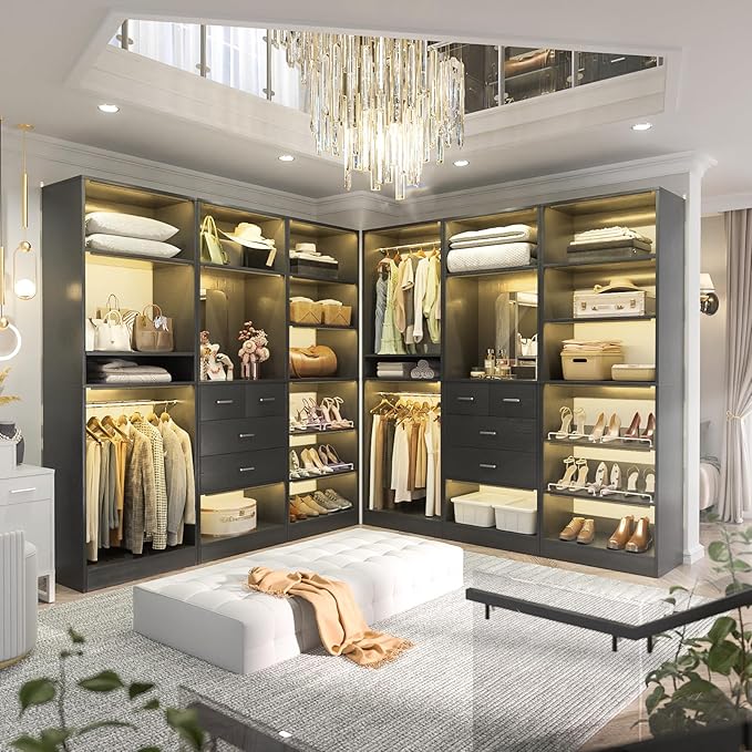 Unikito 75” Closet System with Drawers, 6.2FT Wood Closet Organizer with Hanging Rods and Mirror, Reversible Large Walk in Closets Wardrobe Garment Rack with Shoe Shelves, Max Load 2000 LBS, Black