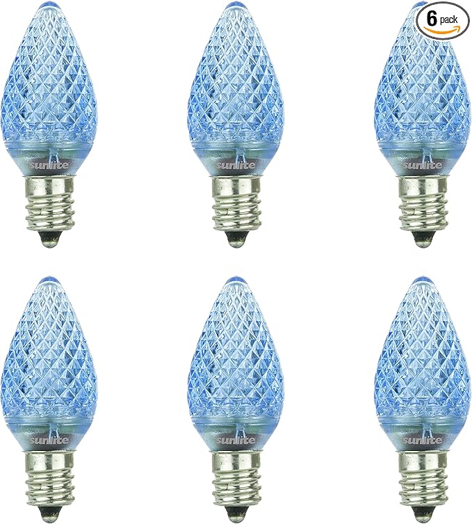 Sunlite 80700 LED C7 Holiday Decorative Light Bulb, 0.4 Watts, E12 Candelabra Base, Faceted Christmas-Lights; Nightlight, Blue 6 Count