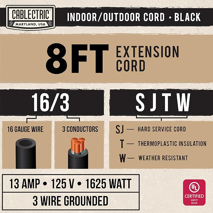 3 Pack Weatherproof Black Extension Cord 8 ft, 16/3 SJTW 8 Foot Outdoor Extension Cord 3 Prong, 13 Amp Heavy Duty Exterior Power Cable Multi Pack Great for Outside, Landscaping & Lawn