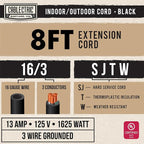 3 Pack Weatherproof Black Extension Cord 8 ft, 16/3 SJTW 8 Foot Outdoor Extension Cord 3 Prong, 13 Amp Heavy Duty Exterior Power Cable Multi Pack Great for Outside, Landscaping & Lawn