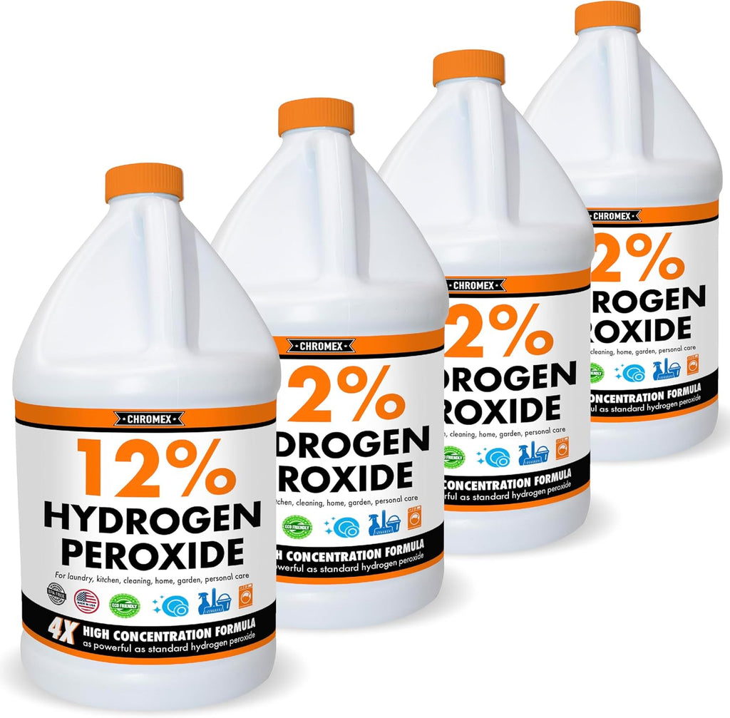 Chromex Hydrogen Peroxide 12 Percent Food Grade, 4x Power Concentrated Solution, 4 Gallons Dilute to 16 Gallons, Versatile Uses include Topical Care, Home, Kitchen, Bath Cleaner, Laundry, Whitening