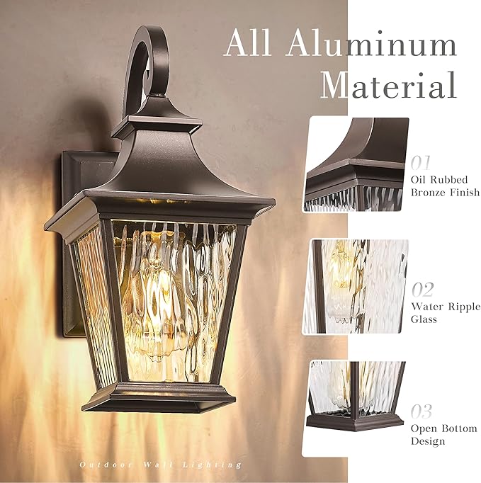 Emliviar 12.2 Inch Wall Light with Water Ripple Glass, 1-Light Outdoor Patio Light for House, Die-cast Aluminum in Oil Rubbed Bronze Finish, XE219B ORB