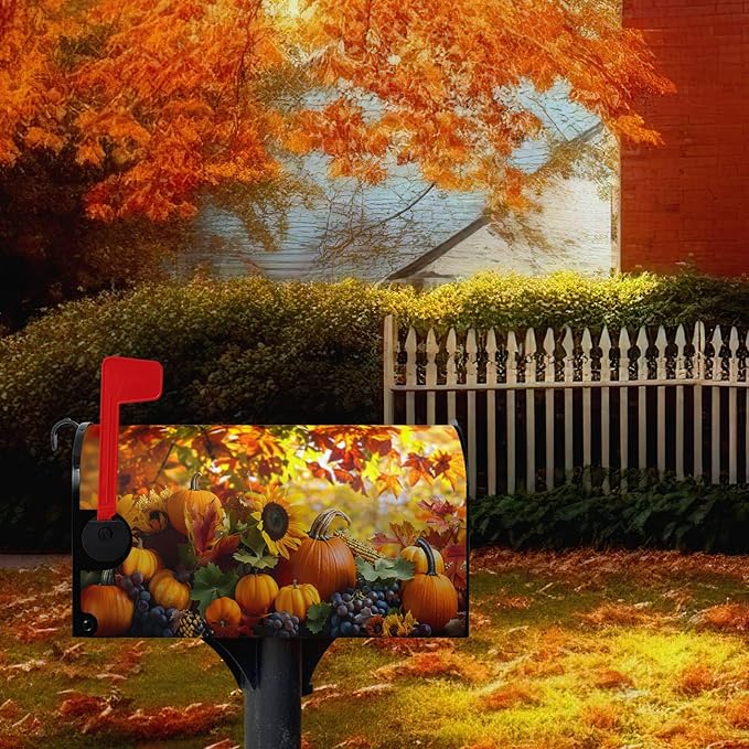Fall Autumn Pumpkin Mailbox Covers Magnetic Standard Size 21x18 Inch Harvest Maple Leaves Letter Box Cover Fall Mailbox Post Box Wraps Yard Garden Decorations