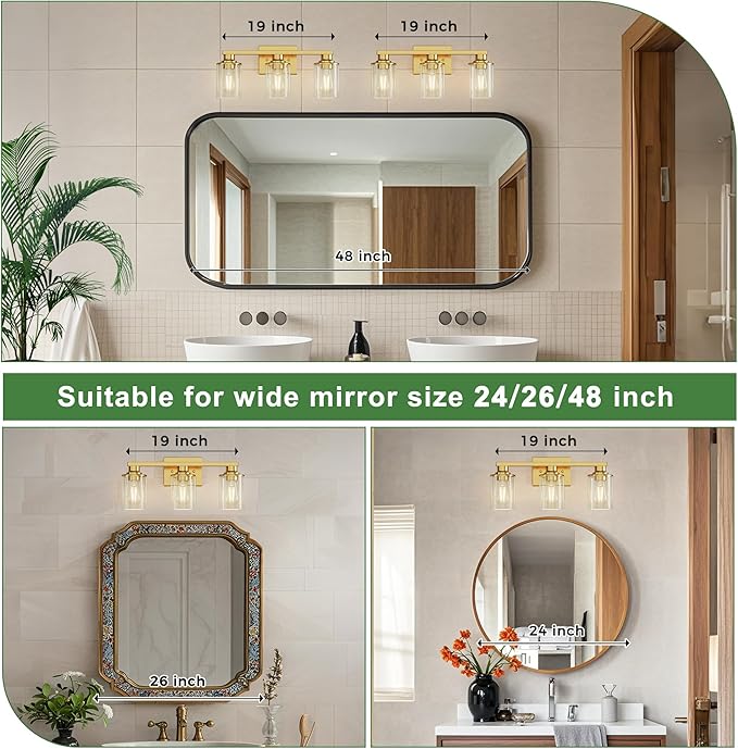 DORESshop 20 Inch Bathroom Light Fixtures, 3-Light Gold Bathroom Lighting Fixtures Over Mirror with Clear Glass Shade, Vanity Lights for Living Room Bedroom, ETL Listed