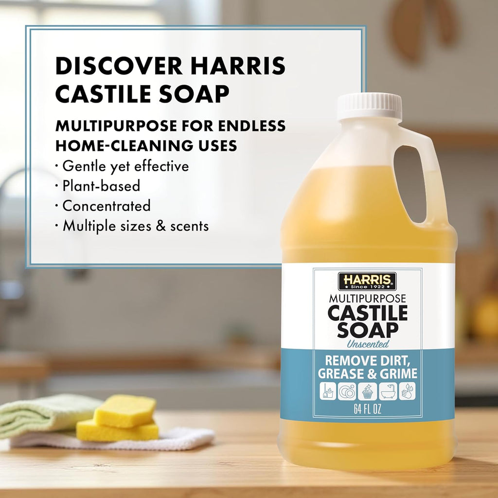 HARRIS Multi-Purpose Pure Liquid Castile Soap for Home Cleaning, Multi-Purpose Cleaner, For Dish Soap, Laundry Detergent, Kitchen and Bathroom Surfaces, Kids Rooms, Unscented, 64 Oz