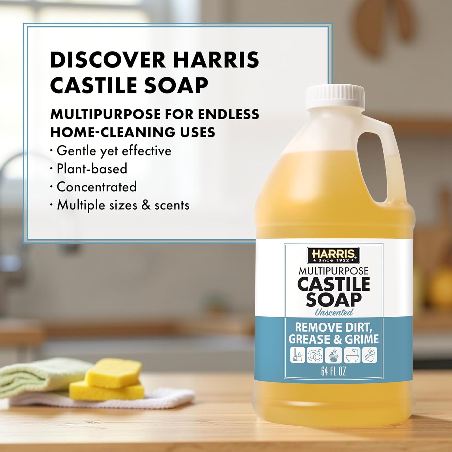 HARRIS Multi-Purpose Pure Liquid Castile Soap for Home Cleaning, Multi-Purpose Cleaner, For Dish Soap, Laundry Detergent, Kitchen and Bathroom Surfaces, Kids Rooms, Unscented, 64 Oz