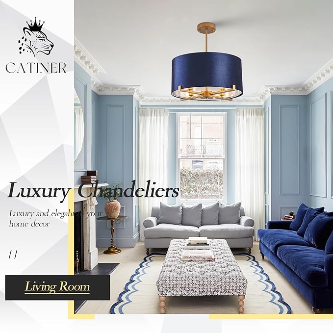 Drum Chandelier,18” Blue and Gold Round Ceiling Pendant Light Fixture Velvet Fabric Shade 4 Lights Modern Semi Flush Mount Hanging Chandelier for Dining Room Foyer Hallway