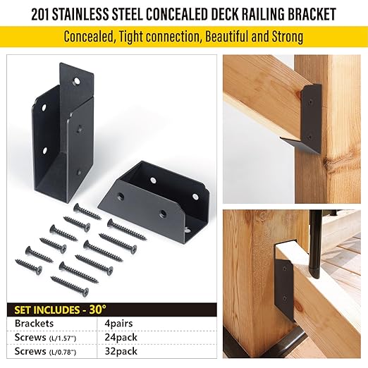 201 Stainless Steel 2" x 4" (1 ½" x 3 ½" Actual) Deck Railing 30° Stair Connectors, for Deck Railing Stair Handrail Connection Installation Deck Railing Bracket (4 Pair-Black)