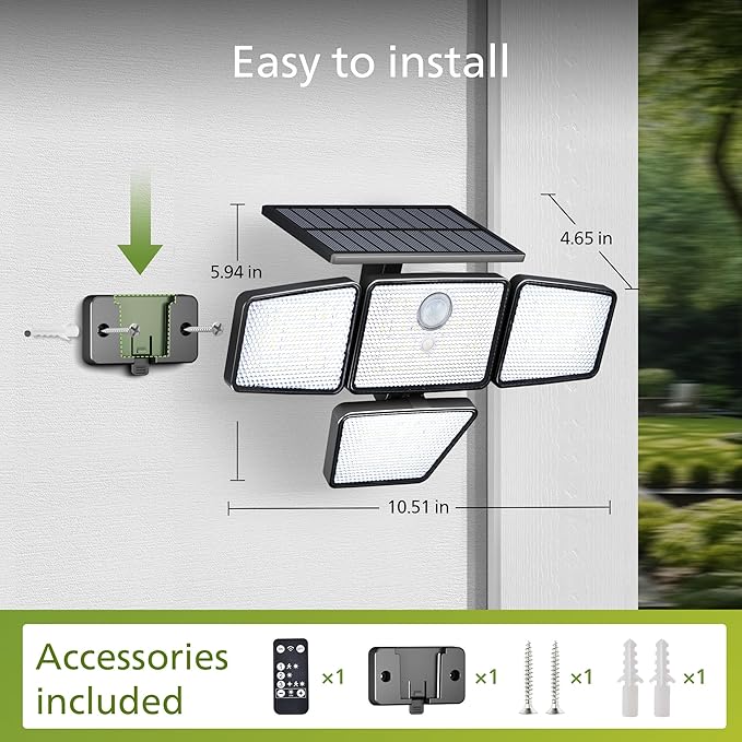 Philips Solar Security Light Outdoor, 196 LED Wall-Mounted Flood Light w/PIR Motion Sensor, 3 Modes, 4 Adjustable Heads Solar-Powered Floodlights with Remote Control, IP65 Waterproof