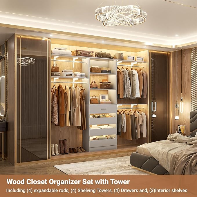 Aheaplus Closet System with 4 Drawers, 8FT Wood Closet Organizer System, 96’’ Closet Built In System Tower with Shelves, Walk-in Closet Wardrobe Clothes Garment Rack, Fits Spaces 4-9 ft, Grey1