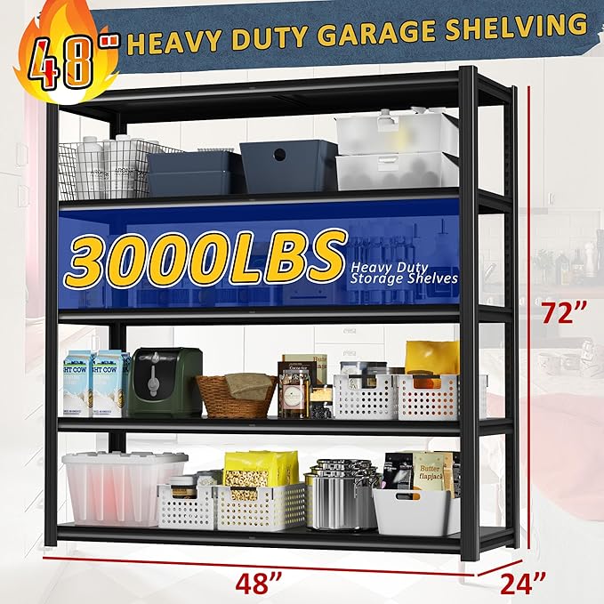 48" W Garage Shelving Heavy Duty 3030Lbs Storage Shelf 5 Tier Adjustable Shelving Units Metal Garage Storage Shelves for Basement, Commercial, Warehouse, Industrial, 72" H x 48" W x 24" D,