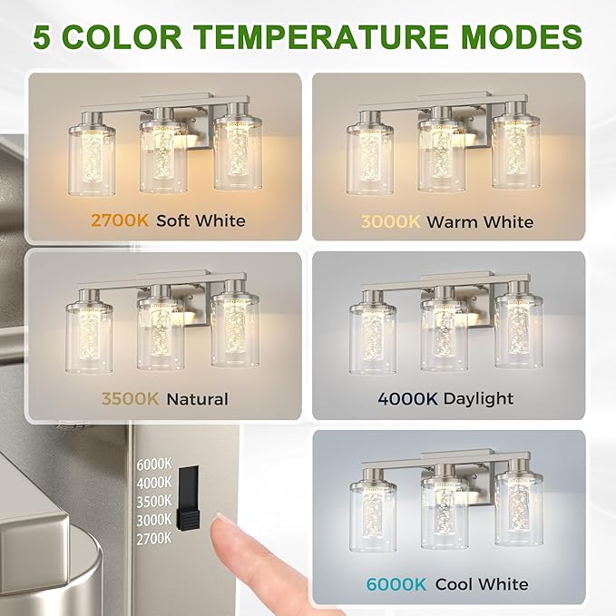 DORESshop 3-Light Brushed Nickel Bathroom Light Fixtures, Crystal LED Bathroom Lights Dimmable Light with Clear Glass Shade,Vanity Lights for Living Room 5CCT