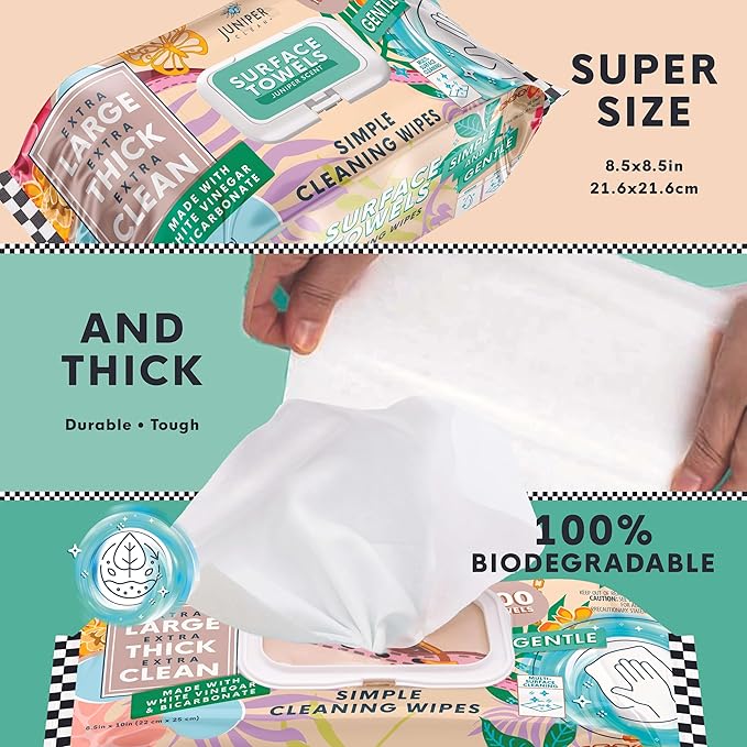 6 Packs Surface Cleaning Wipes Bleach Free, Thick & Large Dispose, All-Purpose Cleaner for Bathroom, Kitchen, Office, 600 Count Soft Flow, Biodegradable, Juniper Scent