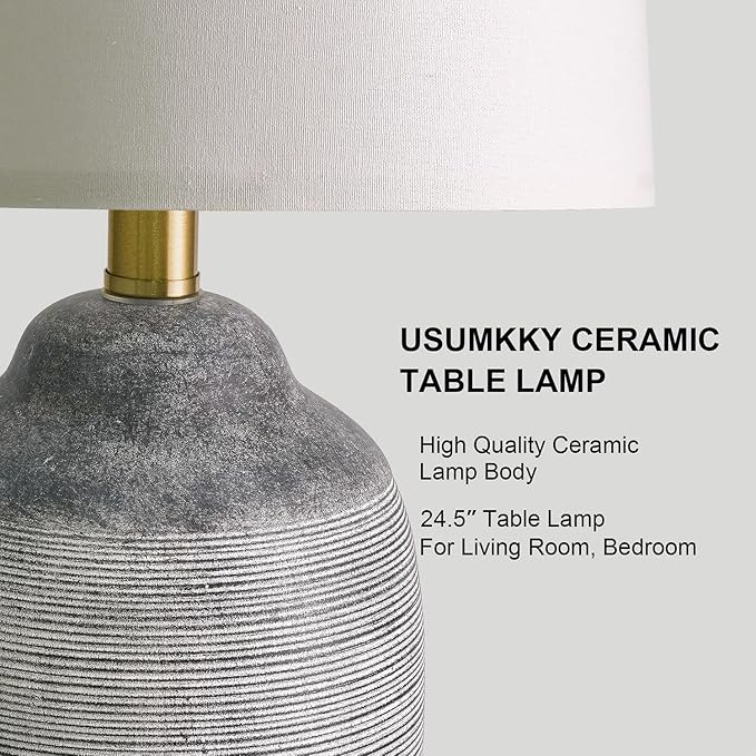 24.5" Vintage Ceramic Table Lamp - Single Farmhouse Rustic Bedside Lamp with Natural Textured Finish, Nightstand Lamps for Living Room, Bedroom, End Table, Office Dark Grey