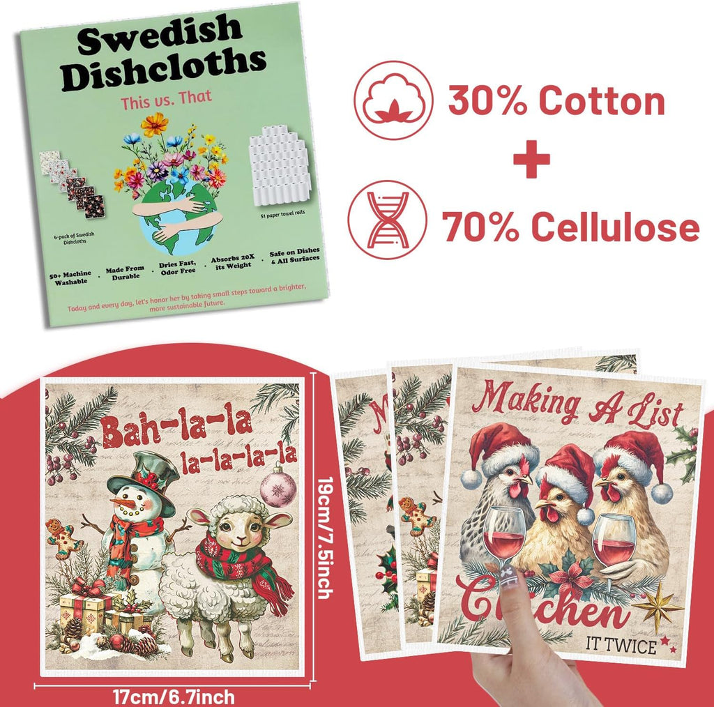 Christmas Swedish Dishcloths for Kitchen, 6 Pack Vintage Farm Animals Reusable Paper Towels Housewarming Gifts for Women, Xmas Absorbent Dish Rags for Home Cleaning
